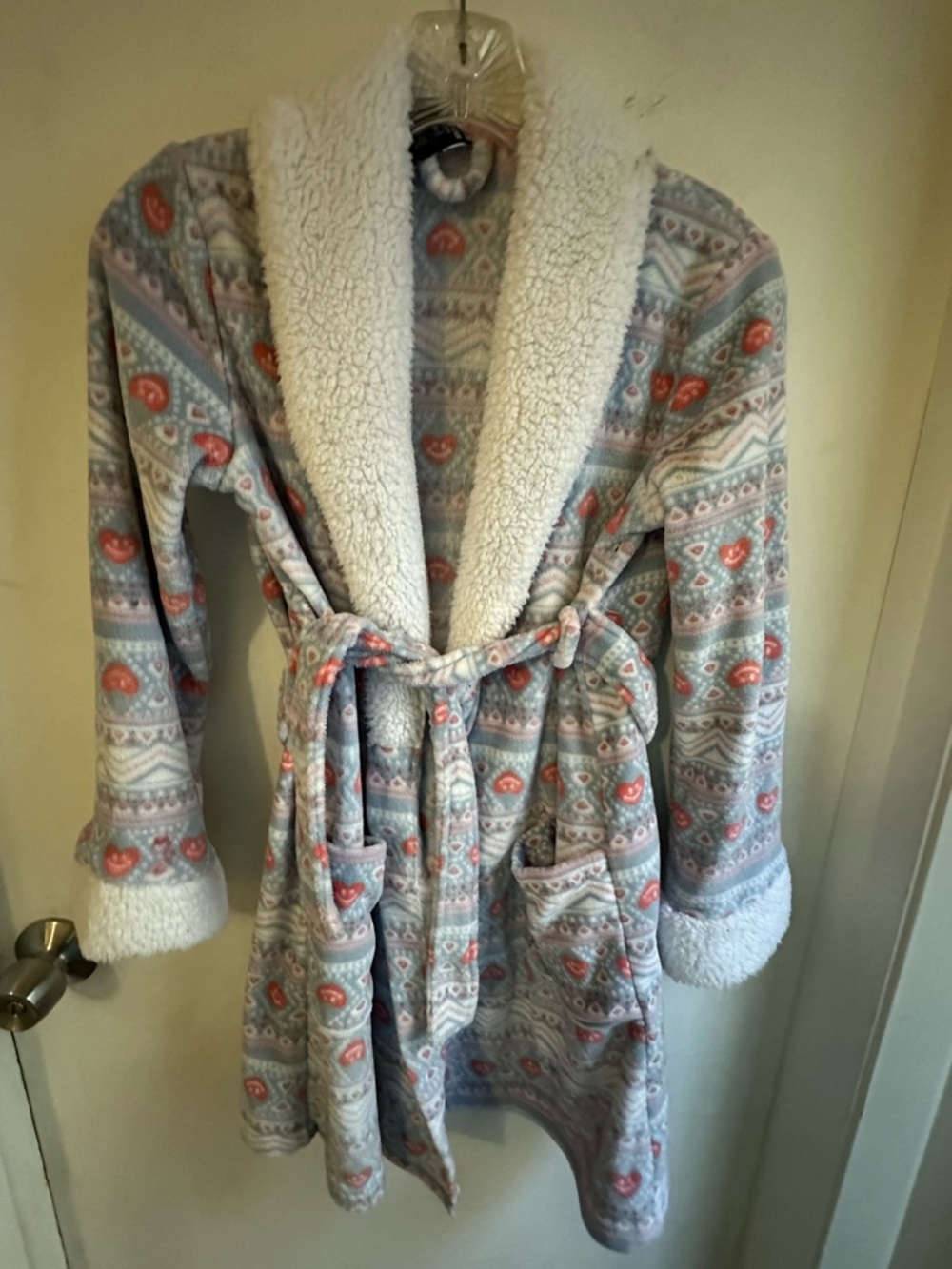 Joe Boxer Girls Plush Robe Size 10/12 Blue Pink Heart Fair Isle Sherpa Sleepwear